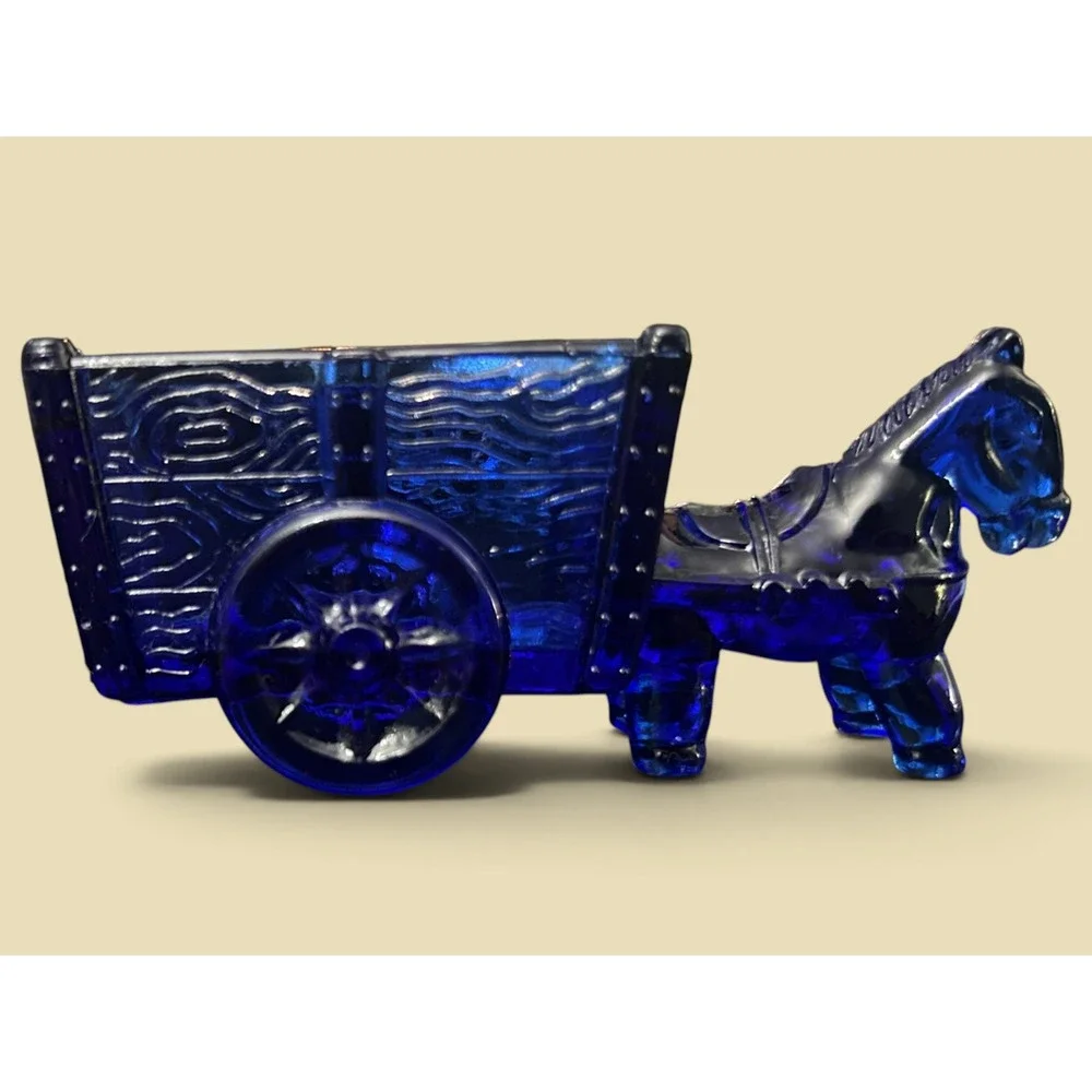 Vintage Jeannette Cobalt Blue Glass Donkey & Wood-Grain Wagon Figurine Rare Mini